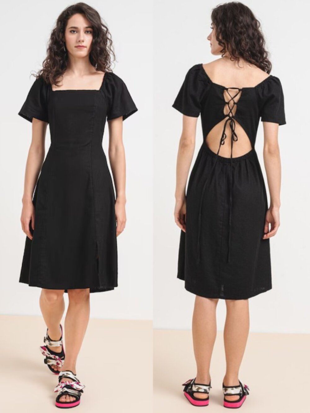 Only Black Linen Blend Lace Up Open Back Square Neck Dress